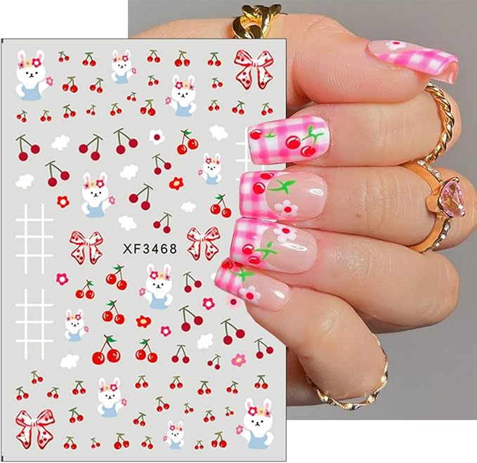 6Sheets Cherry Nail Art Stickers Decals Summer Fruit Nail Stickers 3D Self-Adhesive Strawberry Bow Nail Art Design Supplies Cute Fruits Rabbits Nail Decals for Women and Girls Acrylic Nails Decoration