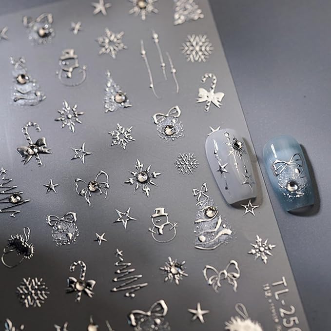 Christmas Nail Art Stickers 5D Embossed Christmas Nail Decals with Rhinestone 1PCS Silver Deer Xmas Tree Snowflake Xmas Nails Design Manicure Sticker Accessories for Women Holiday DIY Nail Decorations