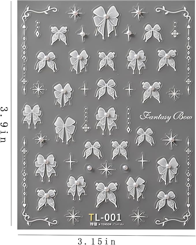1 Sheet Lace Pearl Bow Nail Art Sticker 5D Embossed White Lace Pearl Bow Nail Sticker Cute Bow Nail Decal Pearl Rhinestone Nail Design Women DIY Nail Art Decoration