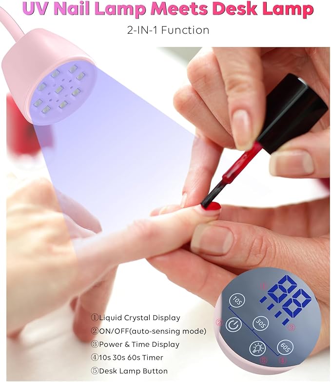UV LED Nail Lamp - Gooseneck UV Light for Gel Nails Cordless USB 27W Nail Dryer 2 in 1 Gel Lamp and Desk Lamp with 4 Times & Auto Sensor Professional Fast Flash Curing Polish Nail Art(Pink)