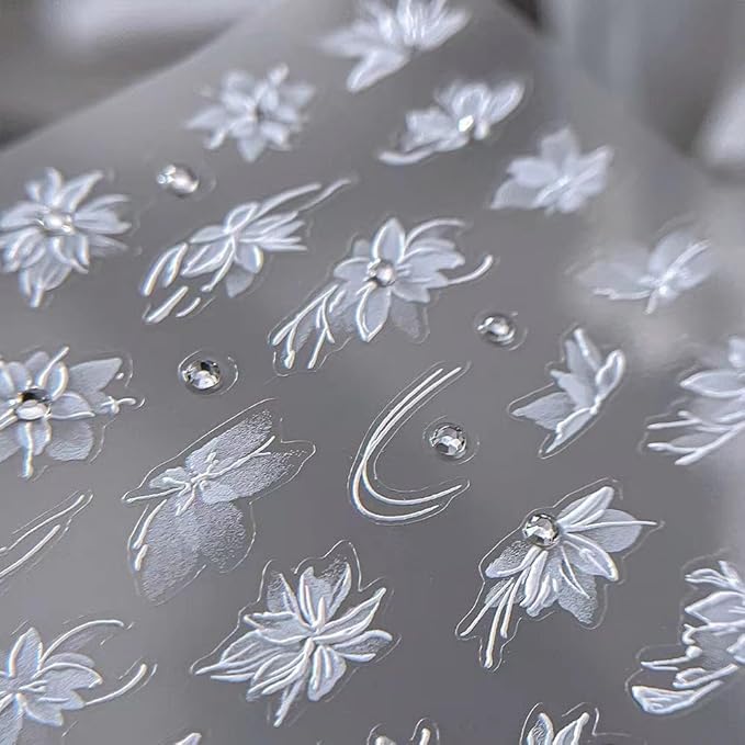 2 Sheets White Flower Nail Art Stickers 5D Embossed Nail Decals Self-Adhesive Diamond Flower Nail Stickers White Feather Lace Snowflake Design Suitable for Women Girls Nail Art Decoration