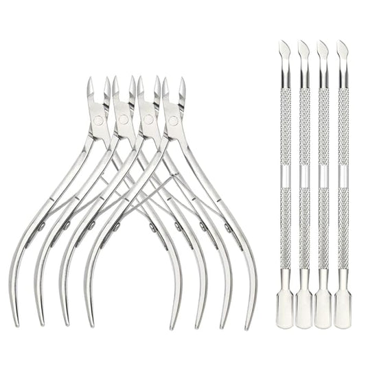 8-Piece Cuticle Trimmer Set - Cuticle Nipper, Remover, Cutter with Pusher - Stainless Steel Nail Tools for Fingernails and Toenails (Silver)
