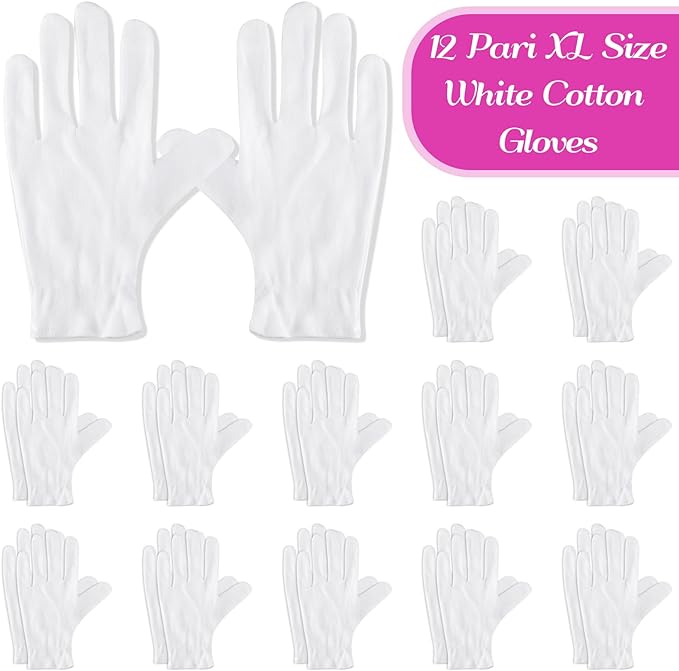 Paxcoo 12 Pairs XL White Cotton Gloves for Dry Hand Moisturizing Cosmetic Eczema Hand Spa and Jewelry Inspection