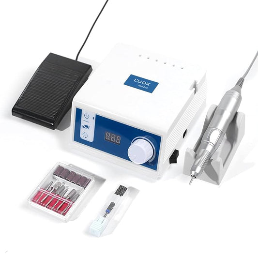L'UGX Professional Nail Drill, 45000RPM Brushless Electric Nail File Manicure Pedicure with 7 Drill Bits, Perfect for Home Salon Use, Foot Pedal, Low Noise and No Vibration