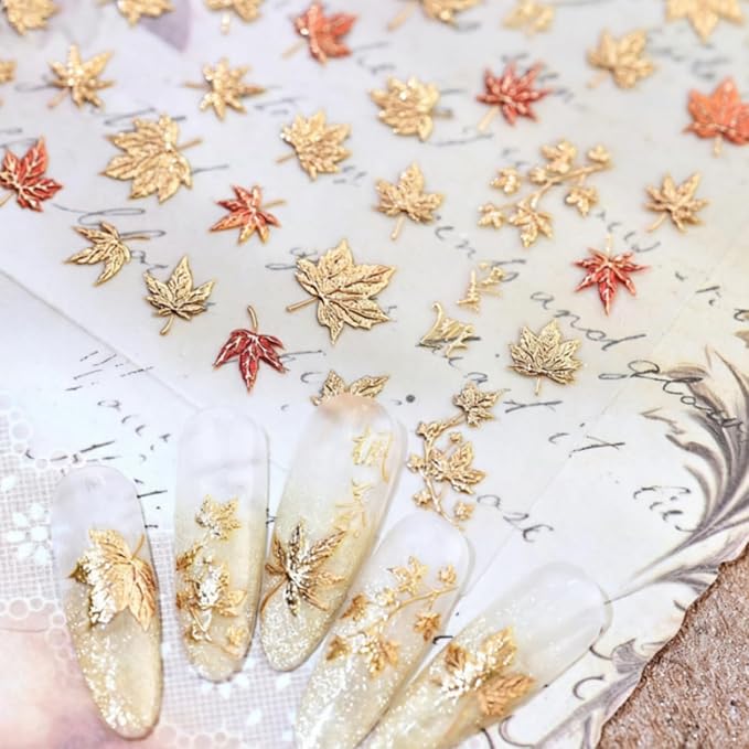 Fall Nail Sticker 5D Embossed Gold Maple Leaves Nail Art Sticker Self Adhesive Nail Decals Thanksgiving Autunm Nail Art for Women Girls Manicure Supplies Nails Art Decorations