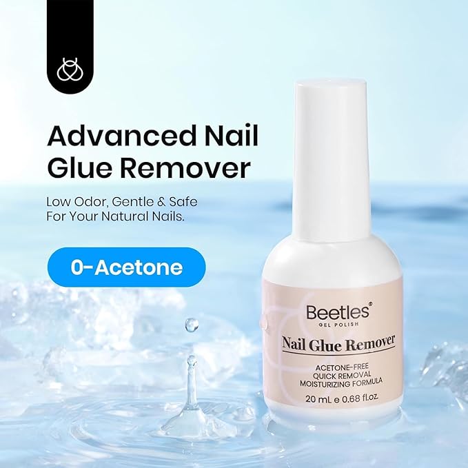 Beetles Nail Glue Remover with Cuticle Pusher, 20ml Press on Nails Glue Remover for False Nail Tips Acrylic Adhesive, Not for U v Gel DIY at Home