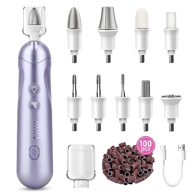 Professional Manicure Pedicure Kit, 9 in 1 Cordless Electric Nail Drill with 100 pcs Nail Drill Bits Sanding Bands, Nail Grinder for Human, 5 Speeds, Nail Dremel Kit for Home and Salon Use