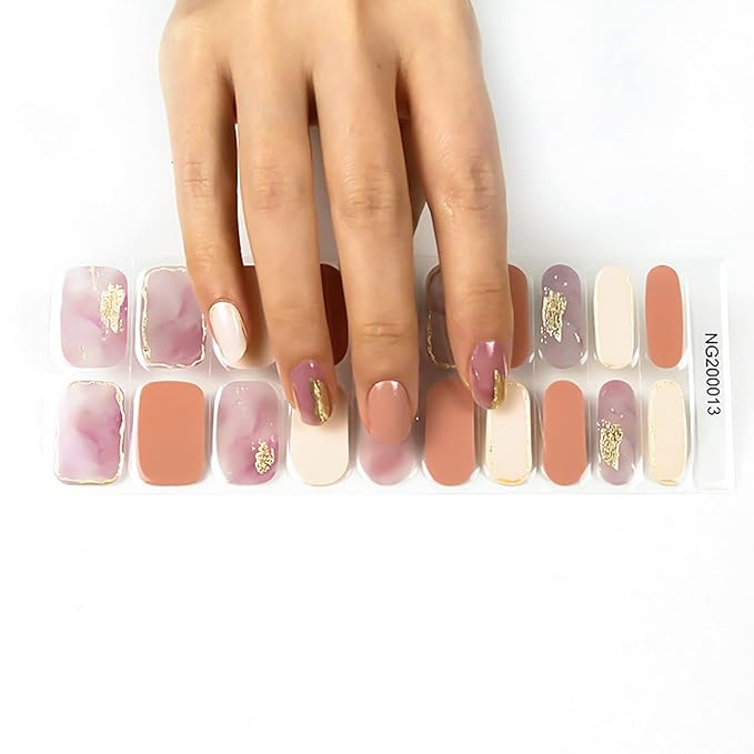 WOKOTO 20 Tips Pink Marble Design Semi-Cured Real Gel Nail Polish Strips Wraps Set With Nail File And Wood Stick On Full Press On Nail Stickers For Women Girls Gel Nail Strips Set Nail Gel Wraps