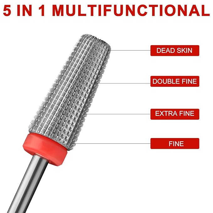 Nail Carbide 5 in 1 Bits 3/32" Professional Nail Drill Bit Two Way Rotate use for Manicure Pedicure Cuticle Gel Polishing Drill Machine (Fine - F, Silver)