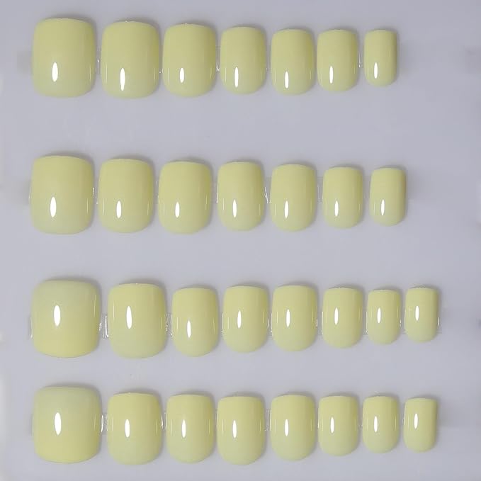 Cream Yellow Press On Nails Short, Glossy Soft Gel Press On Nails Square with Nail Glue, 15 Sizes - 30 Fake Nails Kit, Thick Natural Reusable Glue On Nails for Women, Butter Bliss