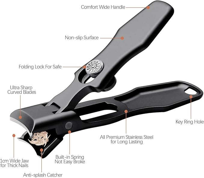 Nail Clippers for Men & Seniors Thick Toenails and Fingernail - Wide Jaw Opening Portable Ultra Sharp Finger Nail Clippers with Catcher, Heavy Duty Stainless Steel, Black Set