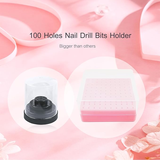 Nail Drill Bits Holder, CORFULRA Nail Organizer Box for Nail Drill Bits, Large Space of Container Case for Drill Bits for Nails, 100 Holes Dustproof Displayer Box of Nail Supplies for Nail Tach, Pink