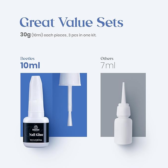 Beetles Super Strong Nail Glue for Press on Nails: 10ML 3Pcs Brush on Glue for Acrylic Nails, Nail Tips Quick Dry No Uv Light Needed