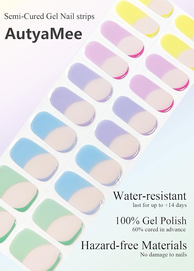 Semi Cured Gel Nail Strips (Macaron French 02), 20 Pcs Gel Nail Wraps, Stickers, UV Light Required, Salon Quality, Long Lasting
