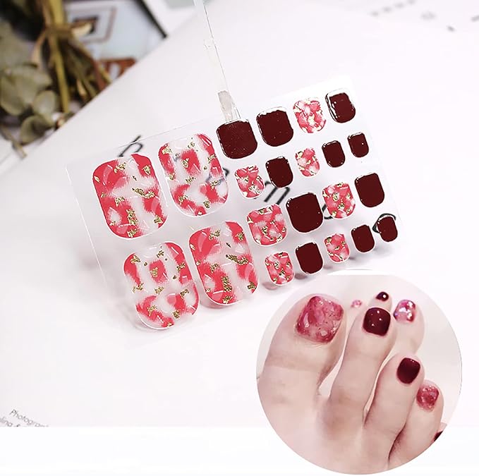 DANNEASY 16 Sheets Toe Nail Stickers Full Nail Wraps for Women Red Glitter Toenail Polish Strips Self Adhesive Toes Nail Polish Stickers Manicure Sticker with File, Cuticle Stick