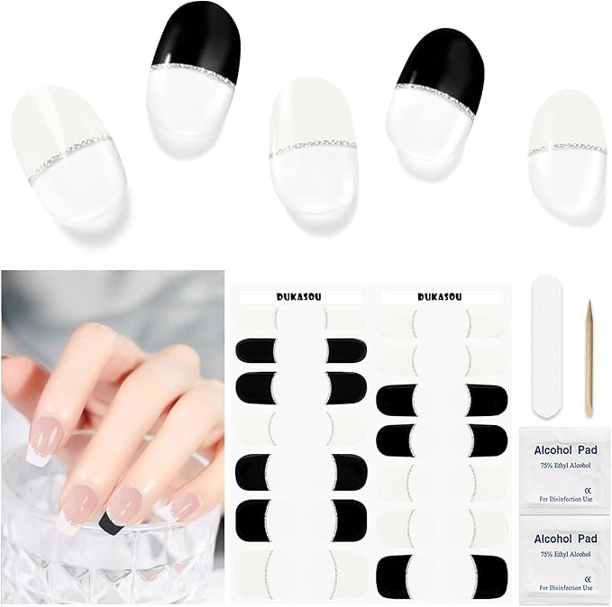 Semi Cured Gel Nail Strips, 28 pcs UV Gel Nail Stickers Full Nails Wraps for Women Home DIY Nails Art, UV Light Required(Clear French)