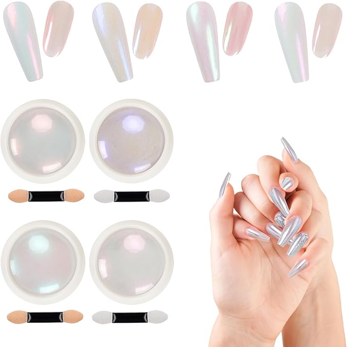 White Chrome Nail Powder 4 Colors Pearl Chrome Nail Powder Pearlescent Nail Art Glitter, Shiny and Long Lasting for Nail Art Decoration