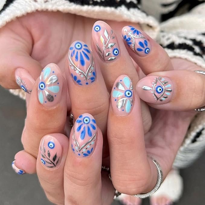Bohemian Nail Art Stickers, Gold Silver Blue Floral Designs, Self-Adhesive 3D Decorative Decals for Women, Summer Nail Decoration, 6 Sheets