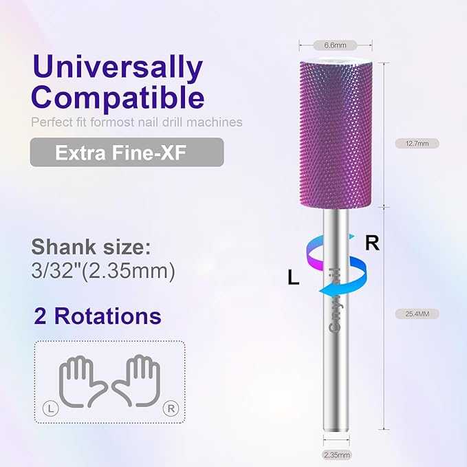 3/32" Large Barrel Bit Tungsten Carbide Nail Drill Bit Safety Bit for Gel & Acrylic Removal, 2- Way Rotating Efile Tip, Salon Electric File Accessory (XF Girt, Purple)