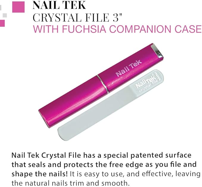 Nail Tek Crystal File - Glass Nail File with Case, Durable & Gentle for Natural Nails, Travel-Friendly Design, Fuchsia, Mini 3"