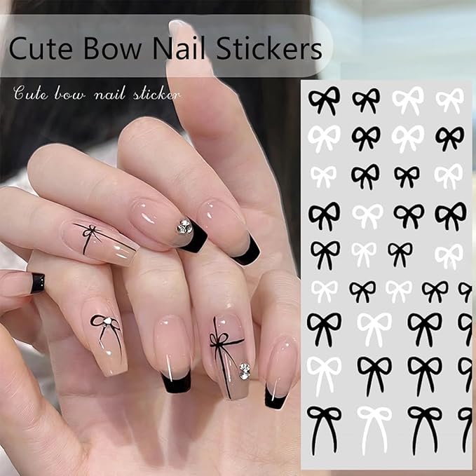 Black White Nail Art Stickers Star Heart Nail Decals Cute Bow Hearts Star Shapes Simple Shiny Pentagram Love Bow Nail Art Designs 3D Self-adhesive Press On Nail Art Charms Sticker Nail Decoration 6PCS