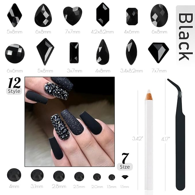 4080Pcs Black Nail Rhinestones Crystal Flatback Jet Black Rhinestones Round Beads Glass Gems Stones Nail Art Gems Diamonds jewels Multi Shapes Sizes Nail Charms for Nails Eyes Makeup DIY Crafts