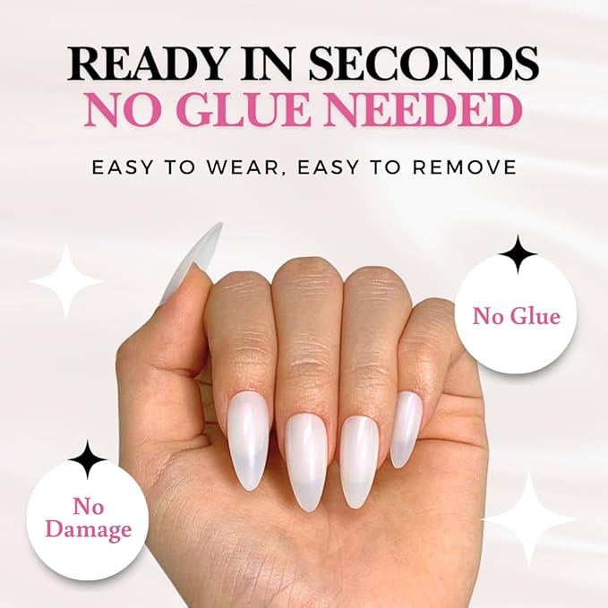 Perfect Look Press On Nails - Glazed Pearl | No Glue One-Day Medium Almond Fake Nails, Sheer White Nails with Gloss Finish - 24 Pcs Nail Kit with Adhesive Tabs