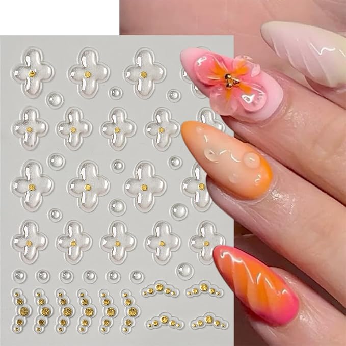4 Sheets Flower Nail Art Stickers 5D Embossed Colorful Spring Summer Nail Sticker Self Adhesive Five-Petaled Floral with Gold Beads Glitter Design Floral Nail Decals for Women and Girls DIY Nails