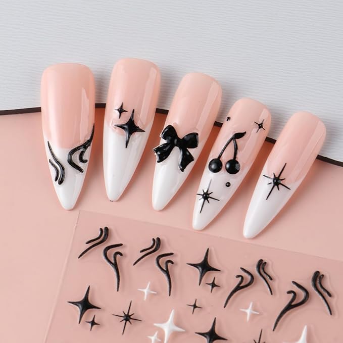 3 Sheets Goth Nail Stickers for Nail Art 5D Punk Style Black Bow Nail Art Stickers Black Star Cherry Nail Decals Self-Adhesive Nails Supplies Dark Style Star Bow Nail Decoration for Women DIY Manicure