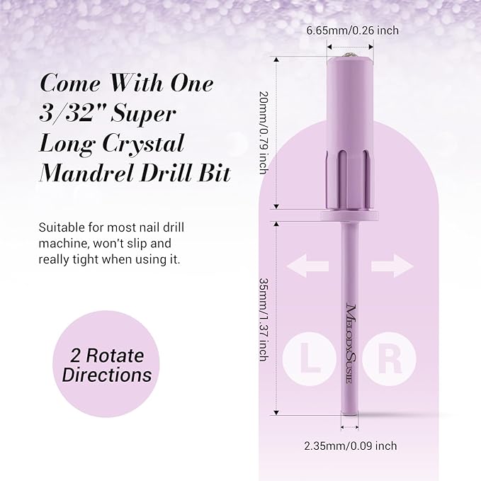 MelodySusie 50 Pcs Nail Drill Bits Super Long Sanding Bands with 6.65mm Crystal Mandrel Bit, 180 Fine Grit Nail File for Acrylic Nails Gel Manicures and Pedicure, Purple