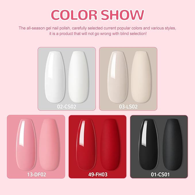 PEACECOLOR Gel Nail Polish Kit with U V Light, 5 Colors Gel Polish Kit All Seasons Soak Off with Base Top Coat 50PCS Nail Tips Nail Art Stickers Glue Manicure Tools Gifts for Women Salon DIY