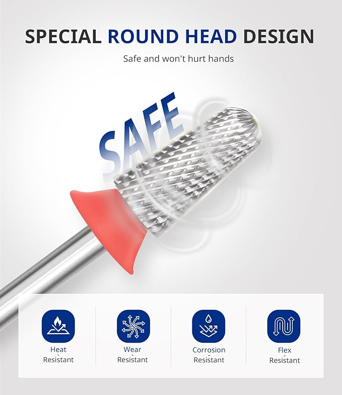 AIRSEE Tungsten Carbide Acrylic Nail Drill Bit Efile Electric File Machine Head Tip for Manicure Polishing Art Remove Gel 3/32" 2 Way Safety Use Big Ball Top Tapered Bit Plus Cone Shape Fine-F