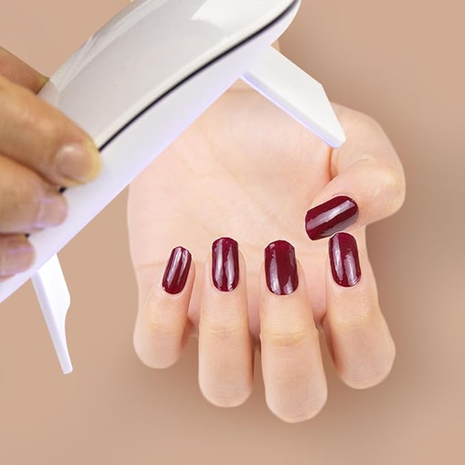 20pcs Semi Cured Gel Nail Strips, Real Nail Polish Art Stickers, Burgundy Gel Nail Stickers - Work with Any UV Lamp, Long Lasting Full Wraps with Nails File and Stick