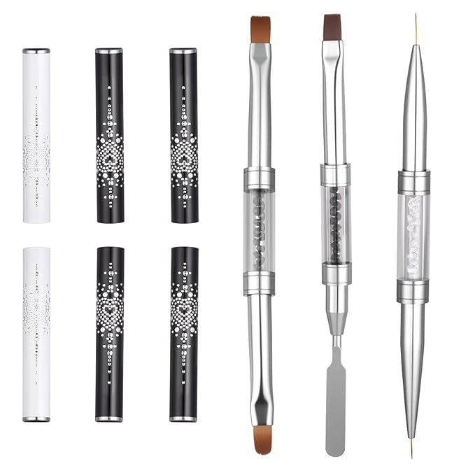 3Pcs Hard Gel Nail Brushes, Dual-Ended French Tip Nail Gels Liner Brush Rhinestone Handle Nails Brush, Builder Gel Liner Brushes for Professional Nails Art French Manicure Design