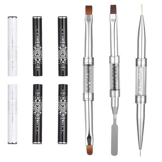3Pcs Hard Gel Nail Brushes, Dual-Ended French Tip Nail Gels Liner Brush Rhinestone Handle Nails Brush, Builder Gel Liner Brushes for Professional Nails Art French Manicure Design