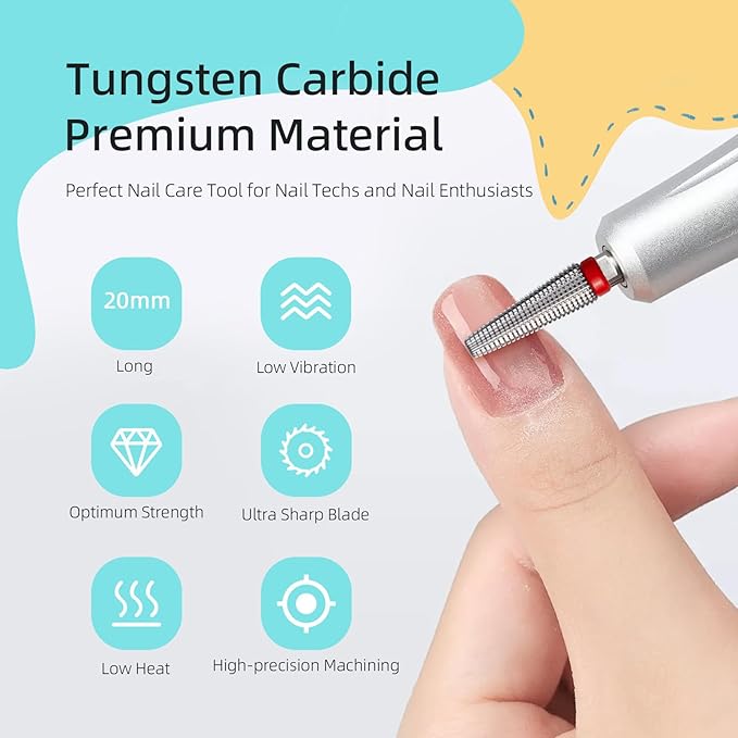 Fine Long 5 in 1 Nail Drill Bits, 20mm Tapered Carbide Nail Bit, Straight Cut Safety Drill Bits for Nails, 3/32 Two-way, Electric Manicure Drills Accessories