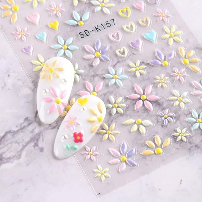 5D Embossed Daisy Flower Nail Art Stickers - Black White Floral Nail Decals 3D Self-Adhesive Nail Art Supplies Spring Blossom Leaf Bunny Nail Stickers for Women Acrylic Nails Art Decorations, 3Sheets