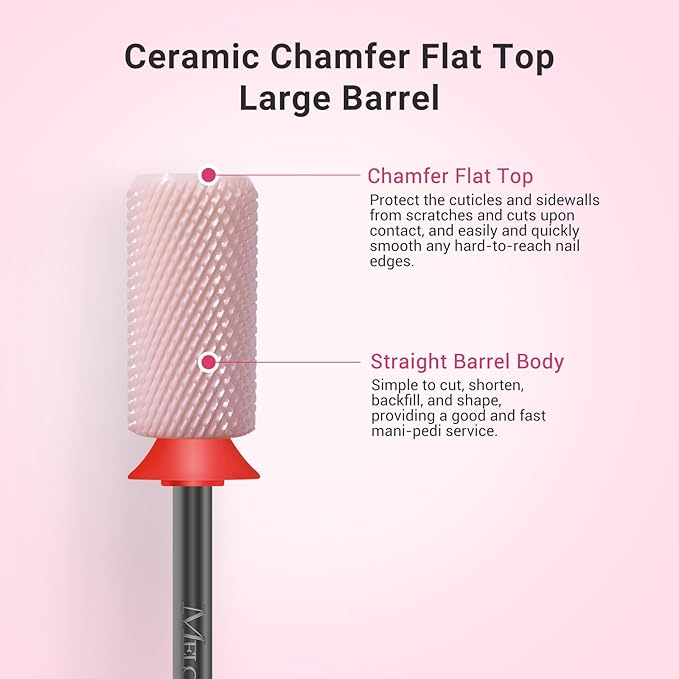 MelodySusie Ceramic Nail Drill Bits, 3/32'' Chamfer Flat Top Large Barrel Bits, Fast Remove Acrylic or Hard Gel, Nail Tool for Manicure Pedicure, Salon Home, Professional or Beginner, Pink, Fine