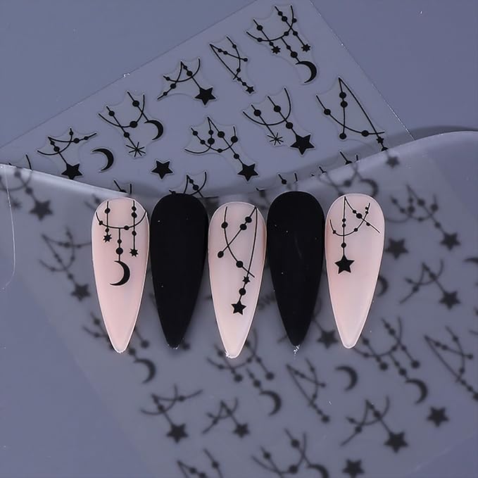 Star Nail Stickers for Nail Art 3D Self-Adhesive Moon Nail Decals Black Silver Star Nail Art Stickers for Women 6 Sheets