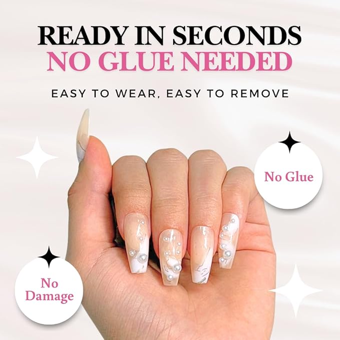 Perfect Look Press On Nails - Pearl Marble | No Glue One-Day Long Coffin Nails, Nude Marble Nails with Pearl Accents - 24 Pcs Nail Kit with Adhesive Tabs