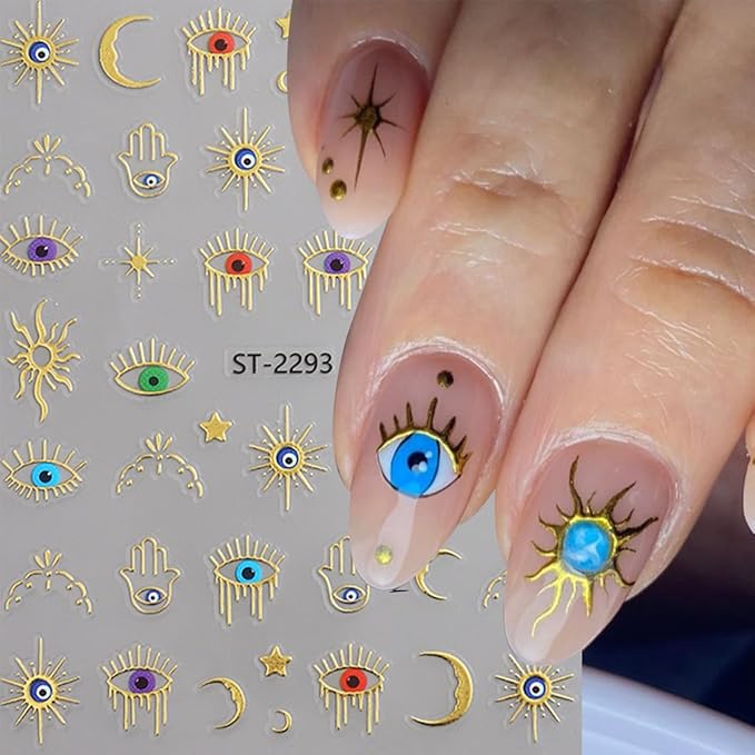 6Pcs Eye Nail Stickers Decals 3D Self Adhesive Goth Nails Decals Gold Silver Sun Star Nail Art Stickers Metallic Snake Nails Art Supplies Horror Eye Gothic Design Sticker for Women Manicure Decoration