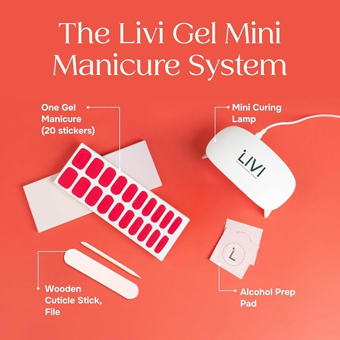 Livi Mini Gel Manicure System with UV Light – Mani Kit with 20 Nail Stickers and UV Lamp for Fast Salon-Quality Nails at Home – Long-Lasting DIY Starter Gel Polish Set (We Were Not On a Break)