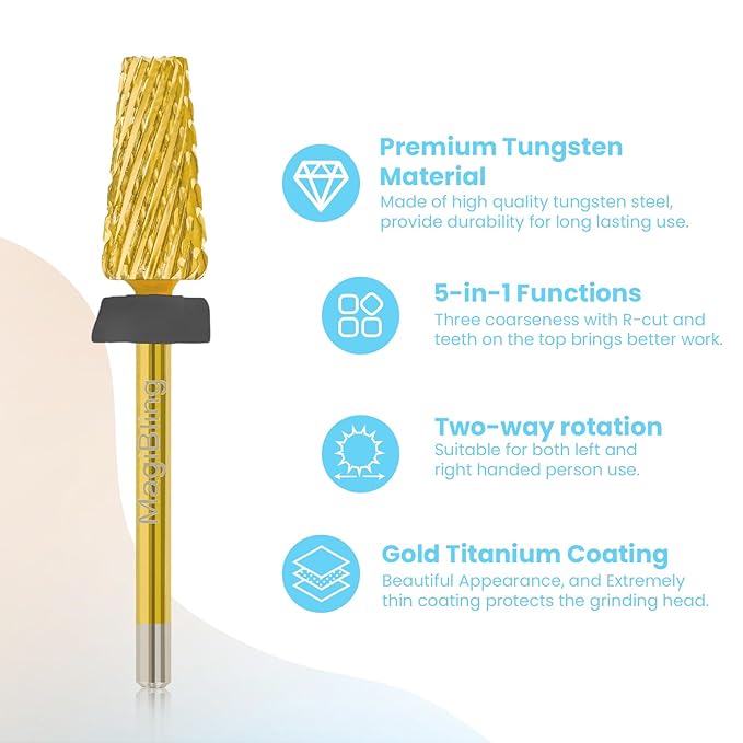 Nail Drill Bits 5 in 1 Tapered Barrel, 3/32'' Safety Tungsten Carbide Bits, Two-Way Rotation, Suitable for Manicure Pedicure Cuticle Gel Polishing, Technicians Bits, Grit: Extra Coarse.
