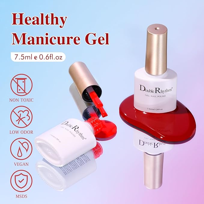 Double Rhythm Gel Nail Polish Set of 6 Colors Baby Light Pastel Milky Nail Polish Starter Kit Art DIY Salon Home (Red Glitter Dark Neon Red Maroon Burgundy,Kit 15)