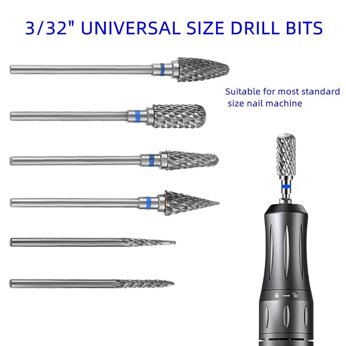 dophee 6 Pack Nail Drill Bits Set for Acrylic Nails, 3/32" Shank Electric Nail Grinding Head Polishing Remover Tool for Nail Art Salon Cuticle Cleaner, Medium Grit, Blue