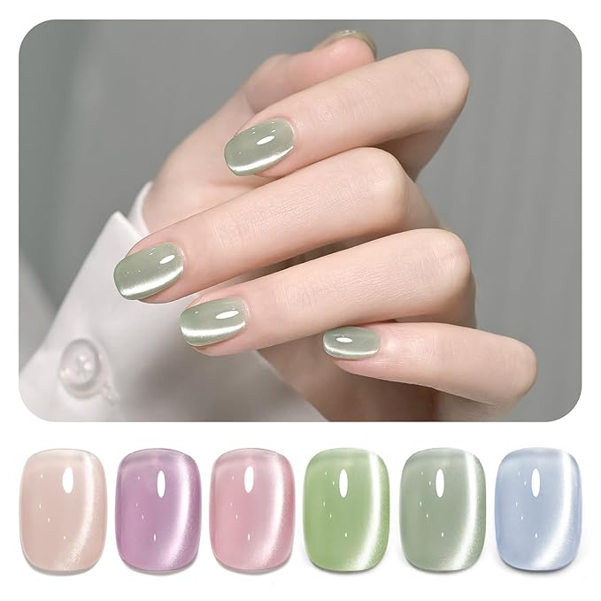 GAOY Cat Eye Gel Nail Polish Set with Magnet for Green Blue Pink Glitter Holographic Cat Eye, Salon Gel Manicure and Nail Art DIY at Home, Minty Fresh