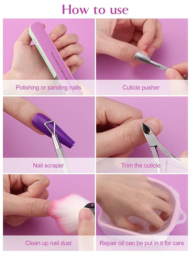 8PCS Nail Soaking Bowl Lorvain Nail Soak Tray with 6PCS Nail Polish Remover Tools Manicure Bowls with Cuticle Peeler Pusher Cutter and Nail Files Professional Nail Art Spa Tools for Salon Home (Pink)