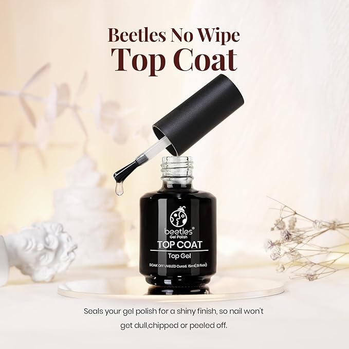 beetles Gel Polish No Wipe Gel Top Coat - Clear Color Top Coat Gel Nail Polish Shine Finish and Long Lasting, Soak Off Nail Lamp, 15ml Christmas Nails Gifts for Girls