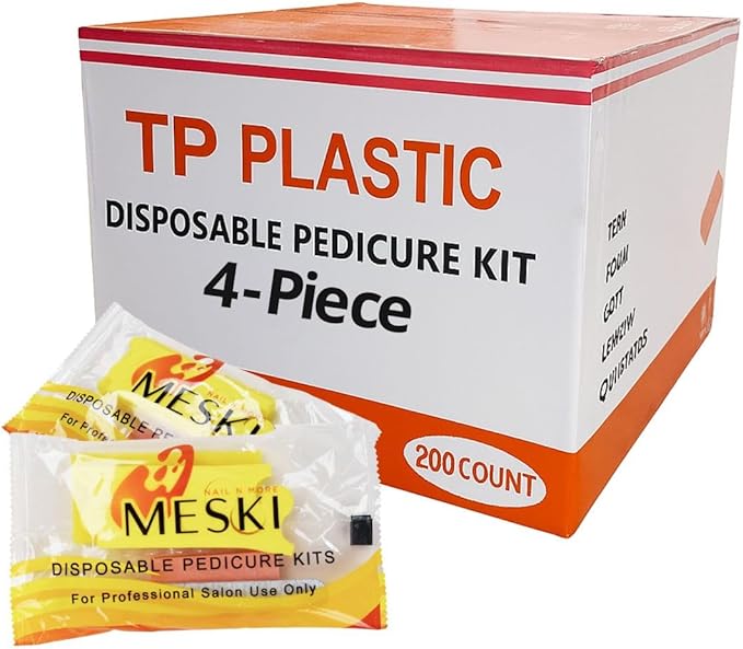 Disposable 4-Piece Pedicure Kit, 200 Count – Individually Wrapped Spa Set with Yellow Pumice, White 80/100 Grit Nail File, Orange Buffer, Toe Separators – Nail Care for Salon & Home Use