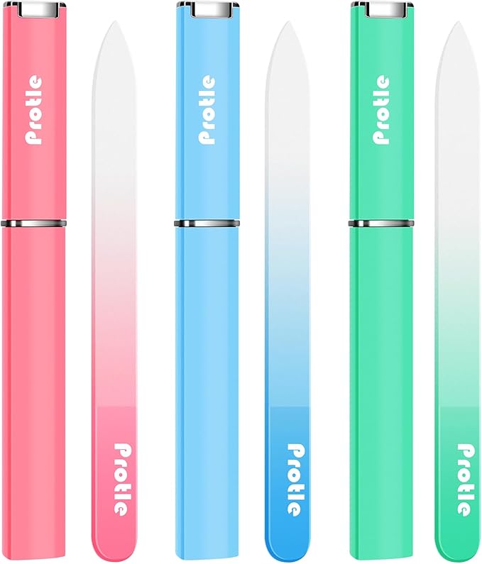 Nail File Glass for Natural Nails，3Pack Double Sided Crystal Nail Filer with Case,Professional Czech Glass Fil Etched Gentle Nail Care Stocking Stuffers for Women or Adults, Unique Gifts(Light Color)